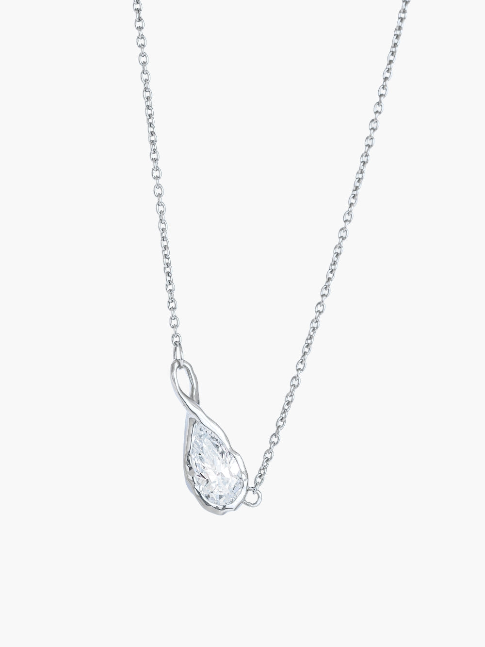 Rizen Jewelry Solace Teardrop Necklace features a silver infinity pendant necklace with a clear teardrop-shaped simulated diamond, on a delicate cable chain displayed against a solid off-white background.