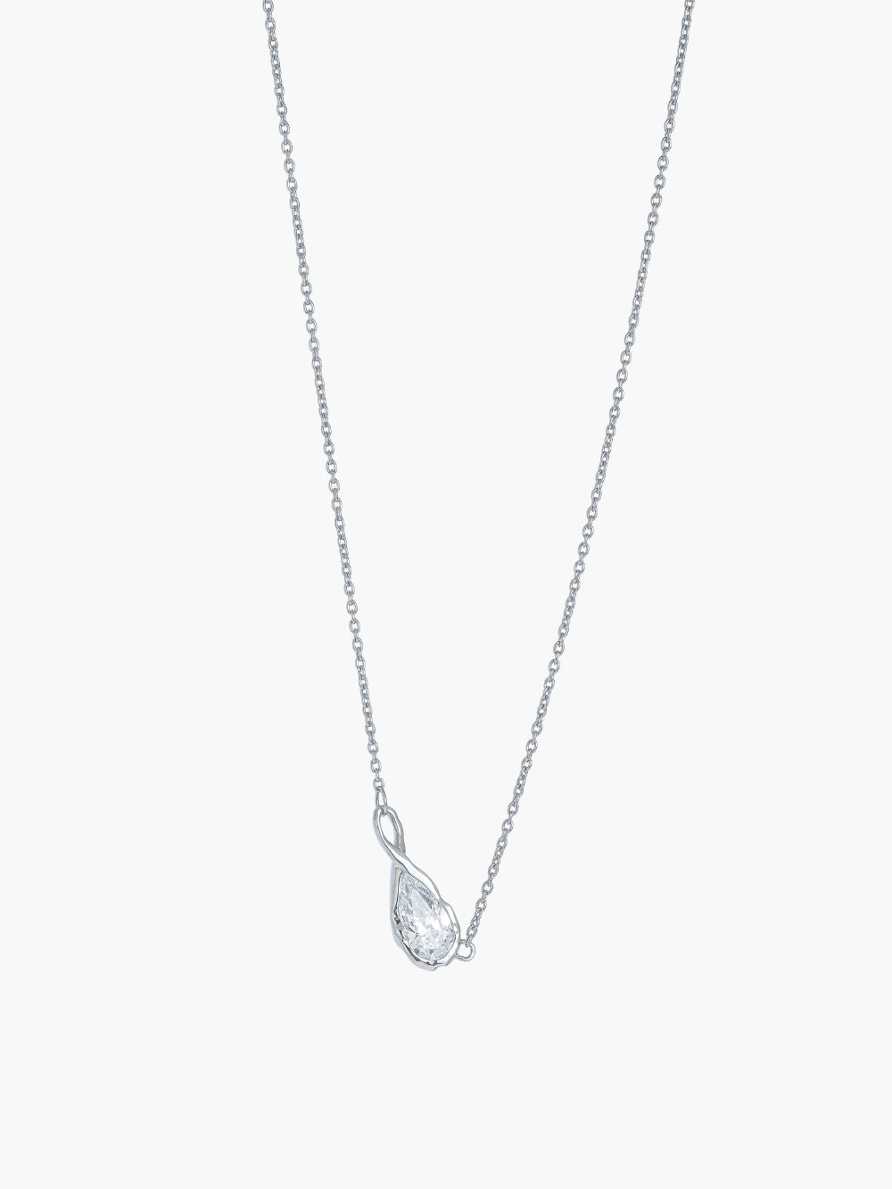 Rizen Jewelry Solace Teardrop Necklace features a silver infinity pendant necklace with a clear teardrop-shaped simulated diamond, on a delicate cable chain displayed against a solid off-white background.