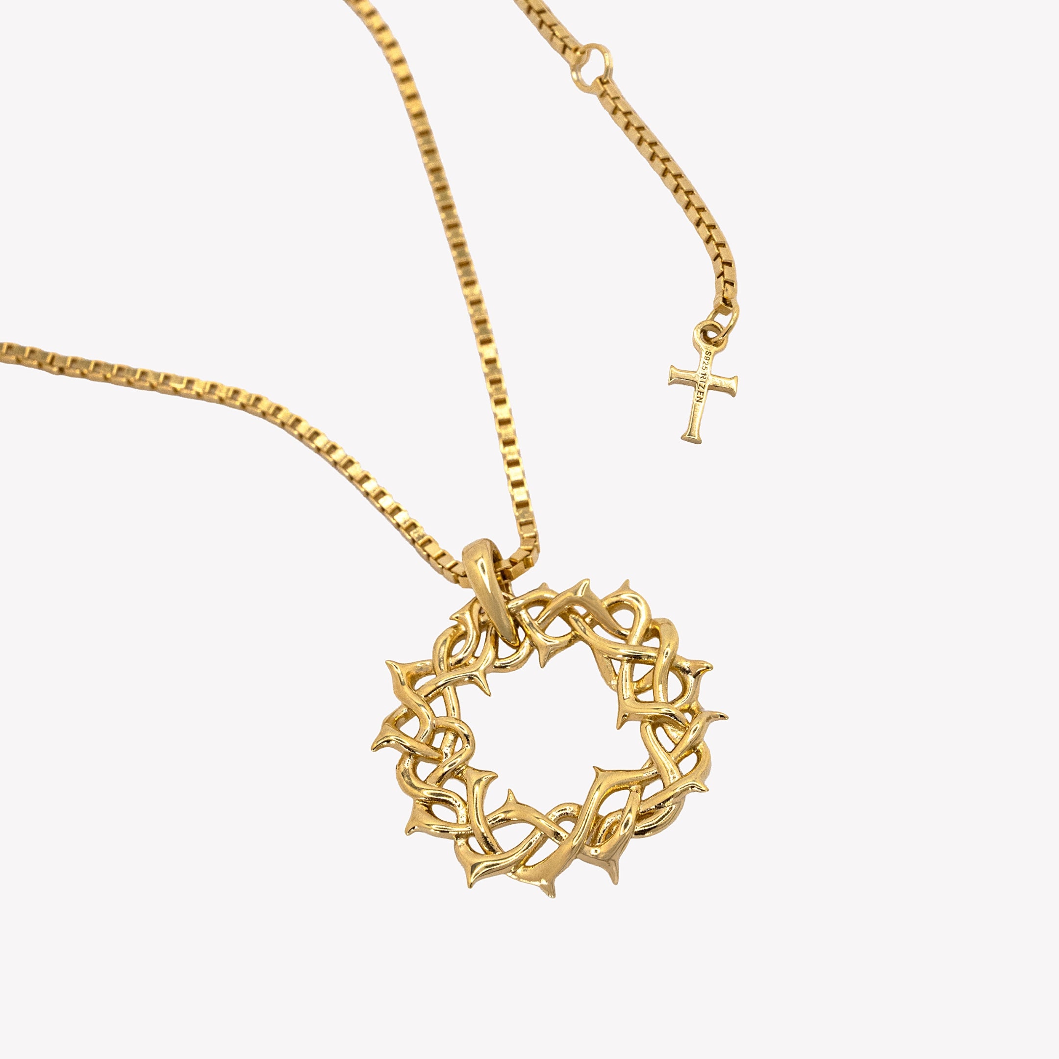 Large Crown of Thorns Pendant Necklace in 18k gold vermeil hangs from a bold box chain with the signature zen Jewelry Cross Tag