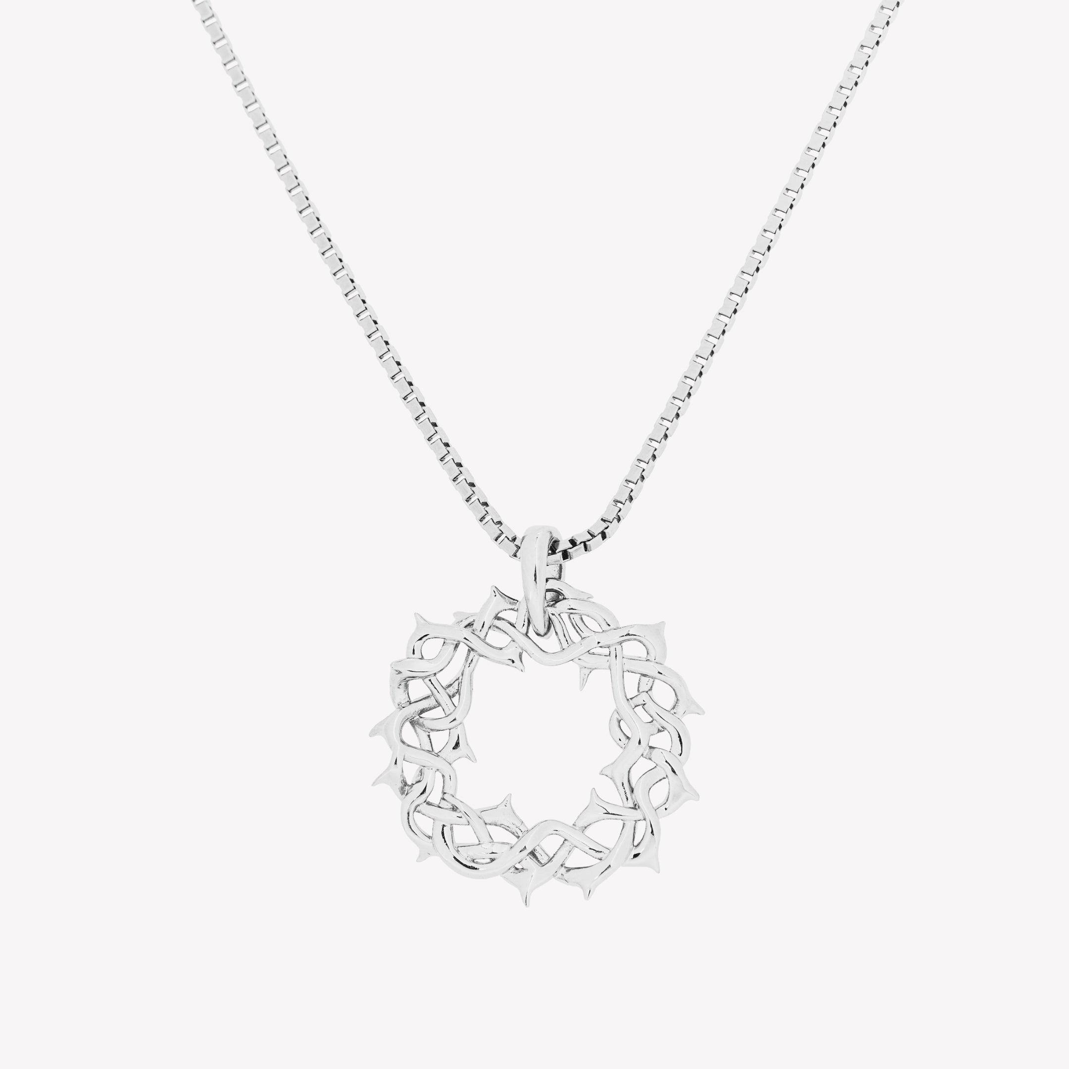 Large sterling silver  Crown of Thorns Pendant hangs on a box chain necklace from the Insignia Collection by Rizen Jewelry. 