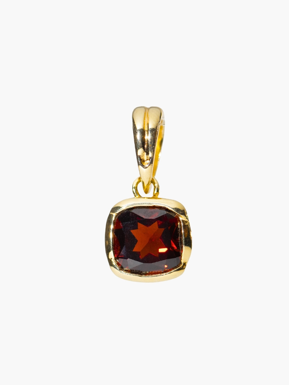 Garnet fully known prayer pendant in 18 karat gold plated finish by Rizen Jewelry. 