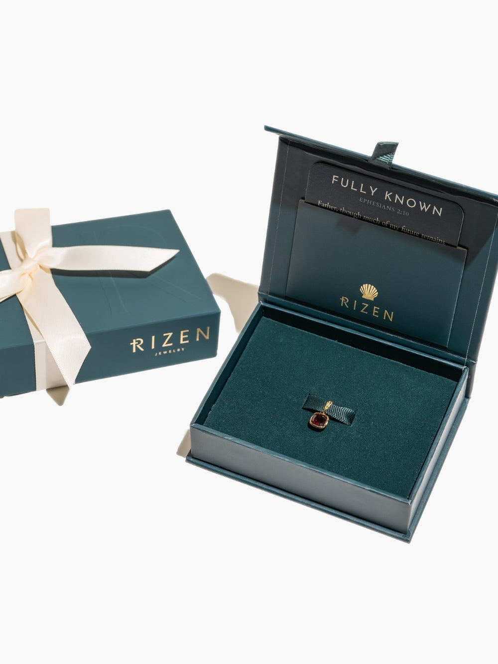 Garnet Fully Known Prayer Pendant, packaged in Rizen Jewelry gift box, ready to gift the perfect someone.