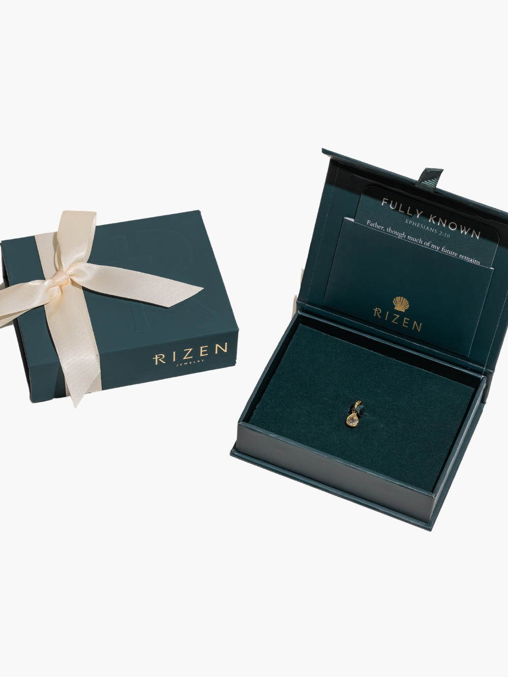 Rizen Jewelry Green Quartz Fully Known Prayer Pendant cradled in an 18 karat gold plated finish in a gift box. 