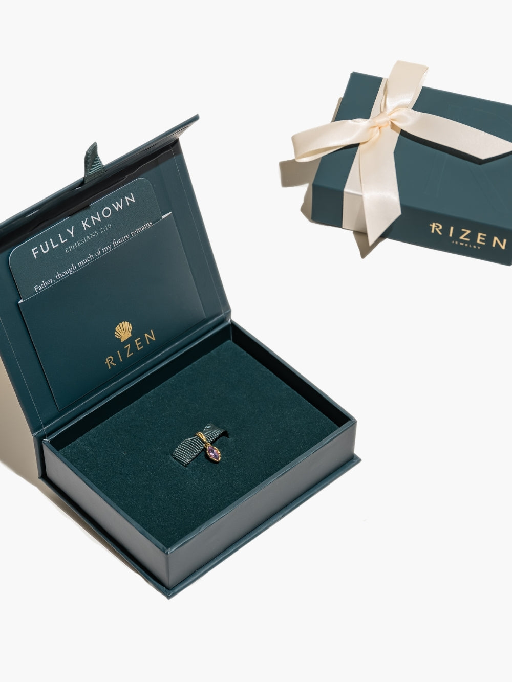 Ready to gift the Fully Known Light Amethyst Prayer Pendant by Rizen Jewelry in their signature packaging. 