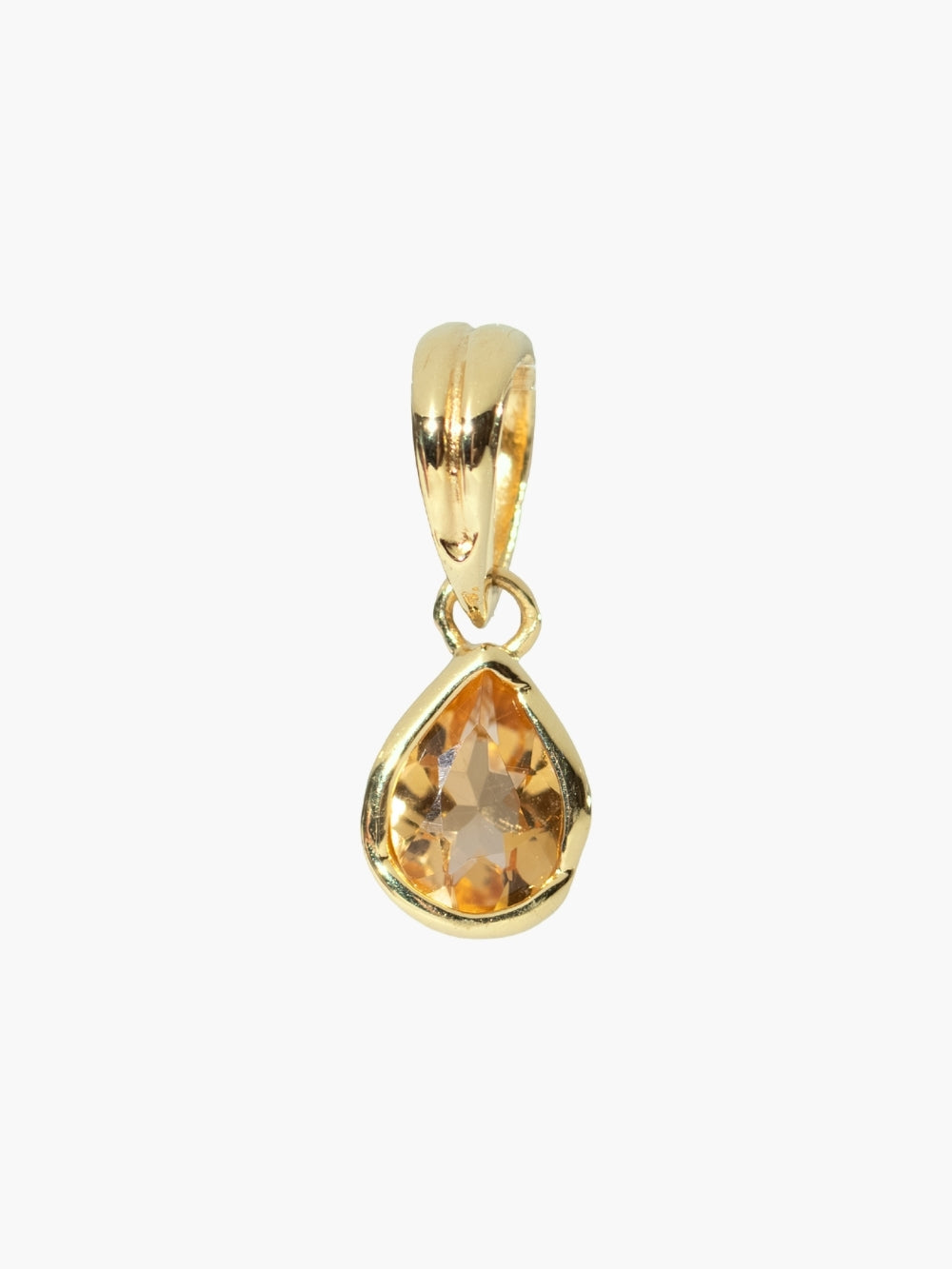  A pear-cut light citrine stone is cradled in a 18k gold finished setting. The pendant symbolizes wisdom, truth, guidance, and the month of November by Rizen Jewelry. 