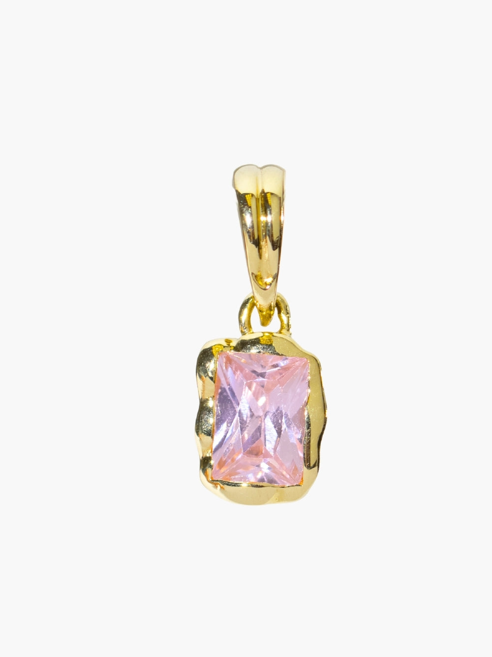 Light Pink Zirconia Pendant by Rizen Jewelry features a radiant emerald cut light pink cz pendant, reflecting love, joy,  and the compassionate heart of October, cradled gently in refined 18k gold plating over sterling silver. 