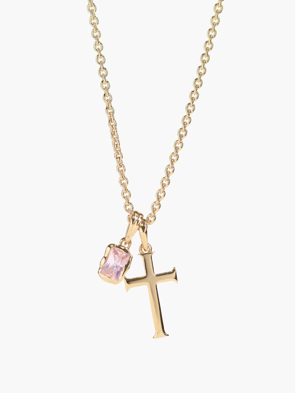 Light pink Fully Known Prayer Pendant layered with the large gold cross by Rizen Jewelry 