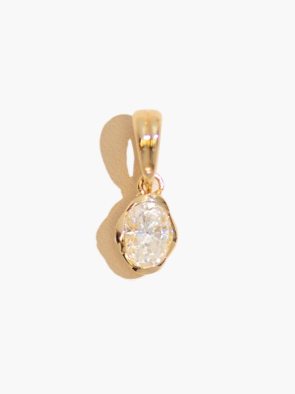 Close up of White Sapphire Fully Known Prayer Pendant by Rizen Jewelry features A radiant oval brilliant-cut white sapphire pendant, reflecting innocence, our new identity, and the luminous pure heart of April, cradled gently in refined 18k gold plating over sterling silver. 