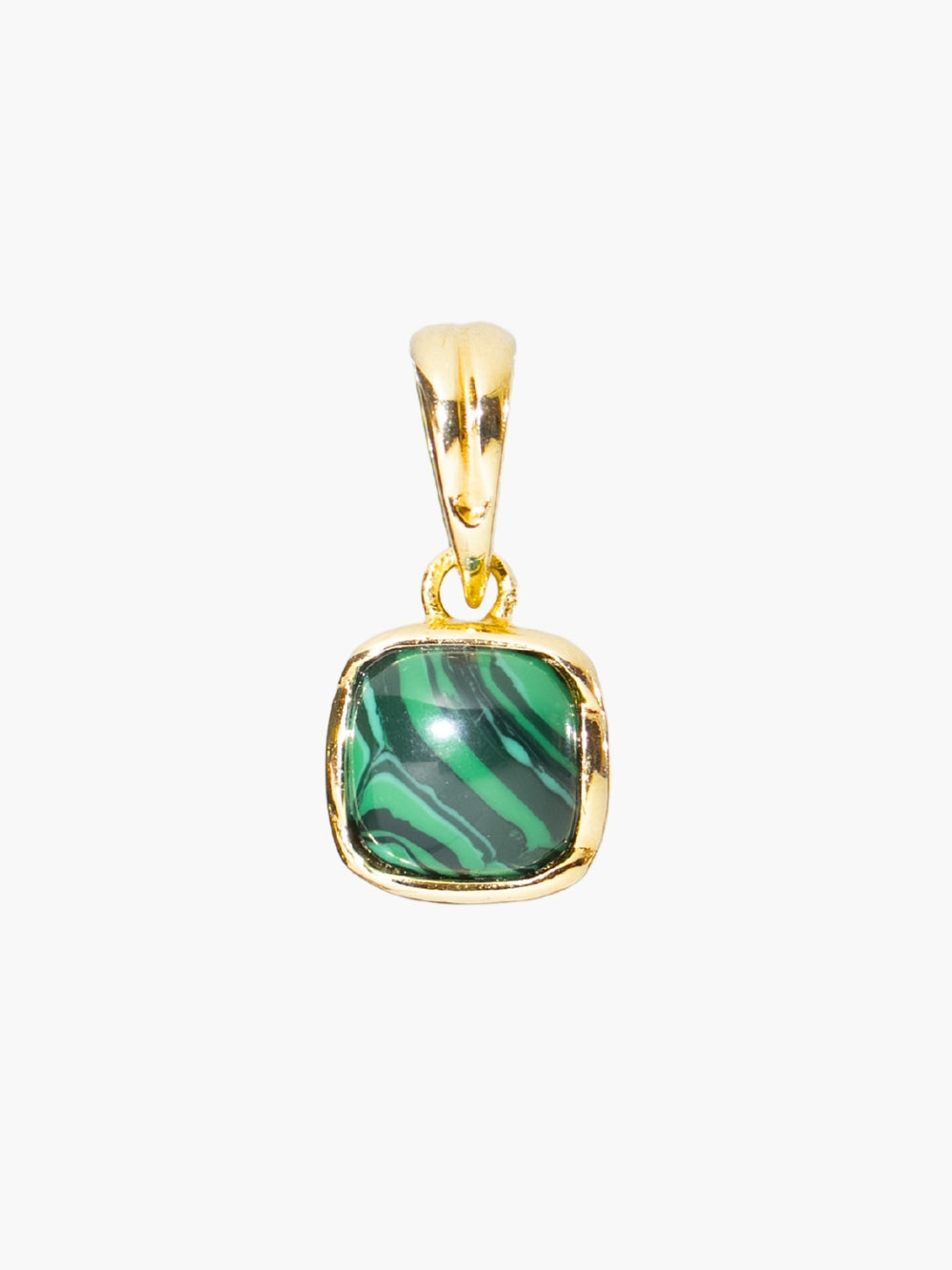 Malachite Fully Known Prayer Pendant by Rizen Jewelry features a distinctive square cabochon cut malachite pendant, reflecting intentionality, growth, and the stone for May, cradled gently in refined 18k gold plating over sterling silver. 