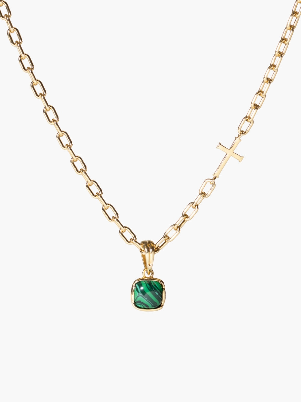 Malachite Fully Known Prayer Pendant featured on the mini chain breaker cross  necklace in 18k gold.