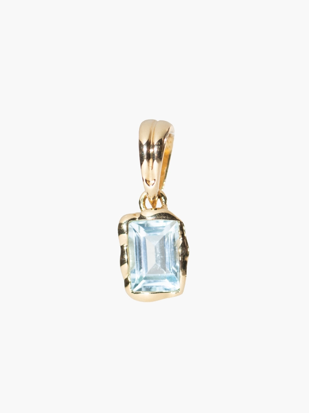 Sky Blue Topaz Fully Known Prayer Pendant by Rizen Jewelry in 18k gold finish. Features an emerald cut Sky Blue Topaz.