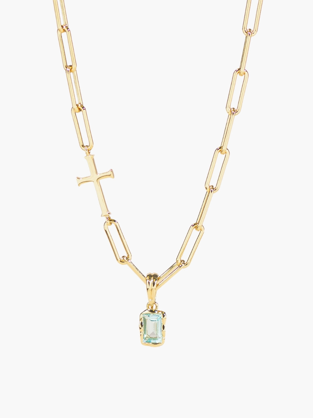 Sky Blue Topaz Fully Known Prayer Pendant featured on the Rizen Jewelry Chain Breaker Cross Necklace in gold finish.