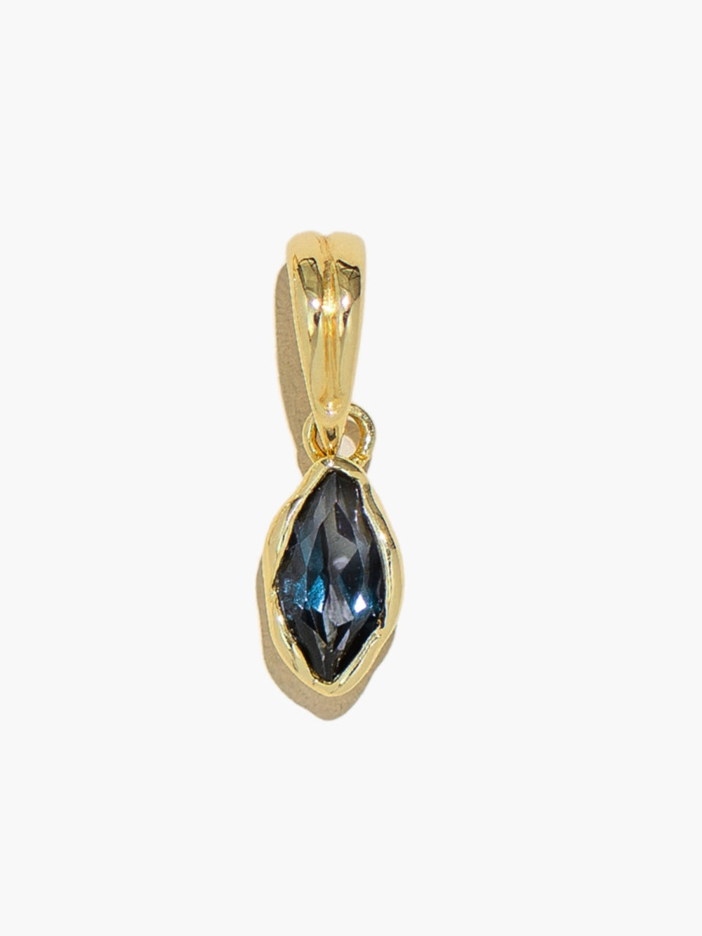 Close-up of the London Blue Topaz Fully Known Prayer Pendant in Gold. 