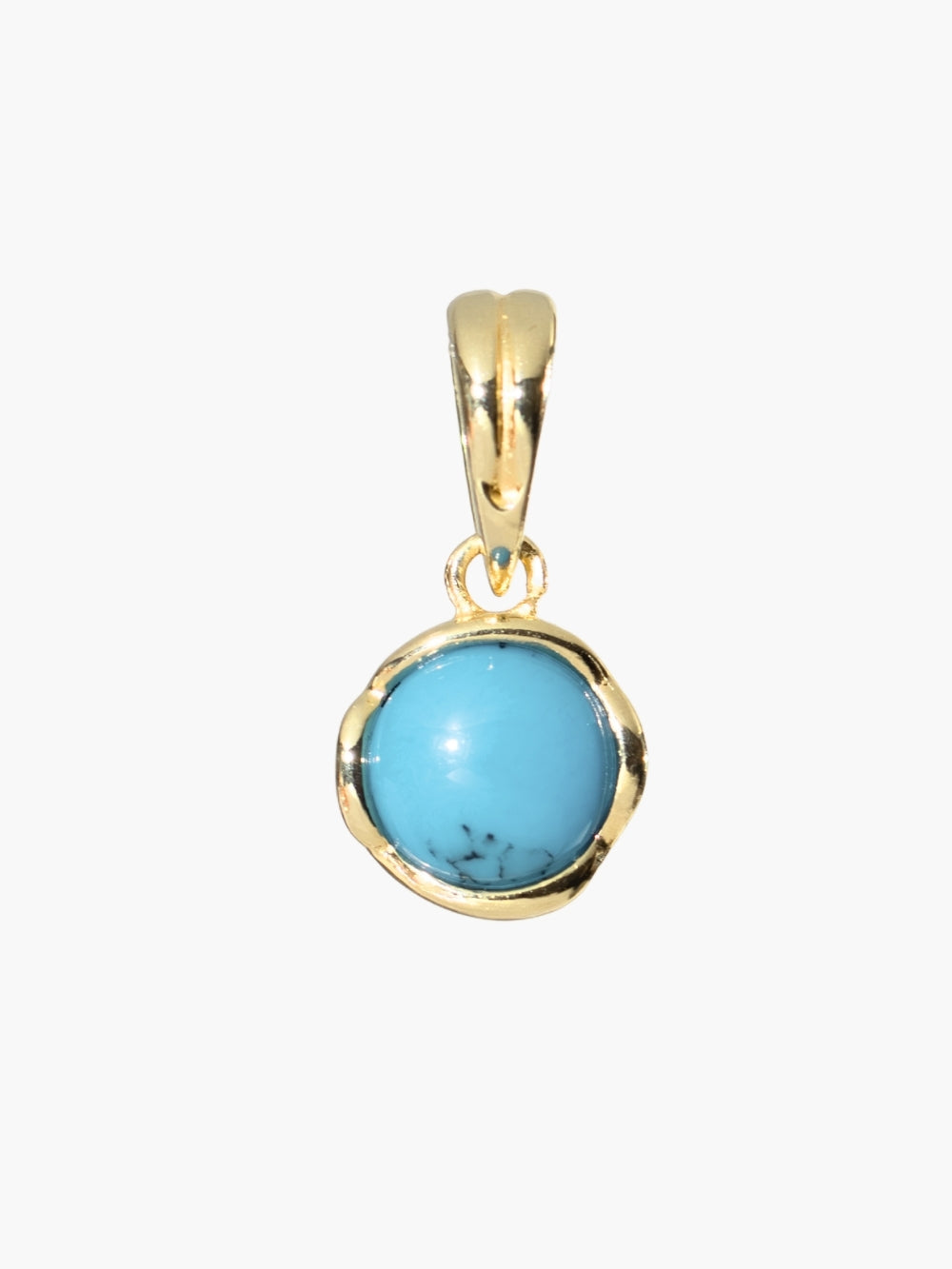 Turquoise Fully Known Prayer Pendant by Rizen Jewelry features a round cabochon turquoise stone is cradled in 18k gold plating over sterling silver setting. The pendant symbolizes Restoration, Leadership, Favor, and the month of December.