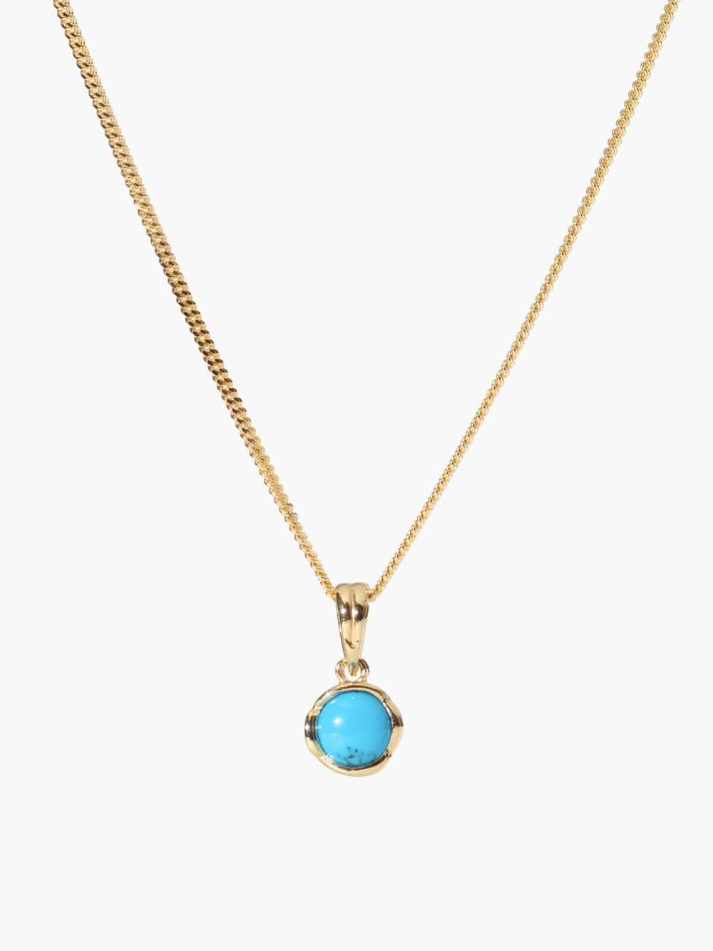 Turquoise Fully Known Prayer Pendant by Rizen Jewelry features a round cabochon turquoise stone is cradled in 18k gold plating over sterling silver setting. The pendant symbolizes Restoration, Leadership, Favor, and the month of December. Shown on a modern curb chain. 