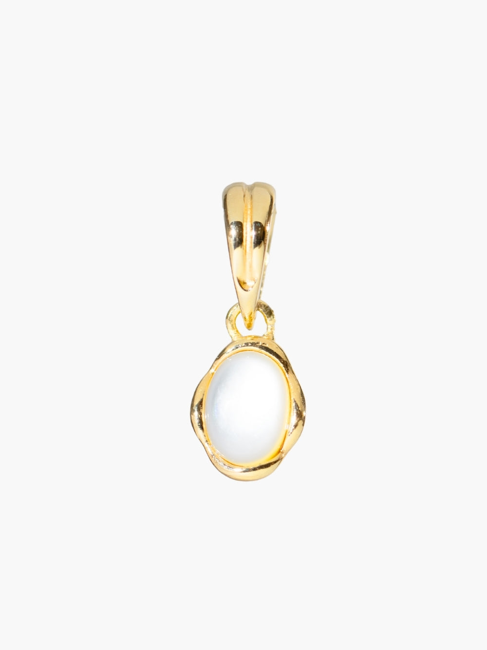 White Mother of Pearl Fully Known Prayer Pendant by Rizen Jewelry features an  oval cabochon Mother of Pearl stone  cradled in 18k gold plating over sterling silver. The pendant symbolizes Transformation, Sacred, Beauty, and the month of June.