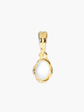 White Mother of Pearl Fully Known Prayer Pendant by Rizen Jewelry features an  oval cabochon Mother of Pearl stone  cradled in 18k gold plating over sterling silver. The pendant symbolizes Transformation, Sacred, Beauty, and the month of June.