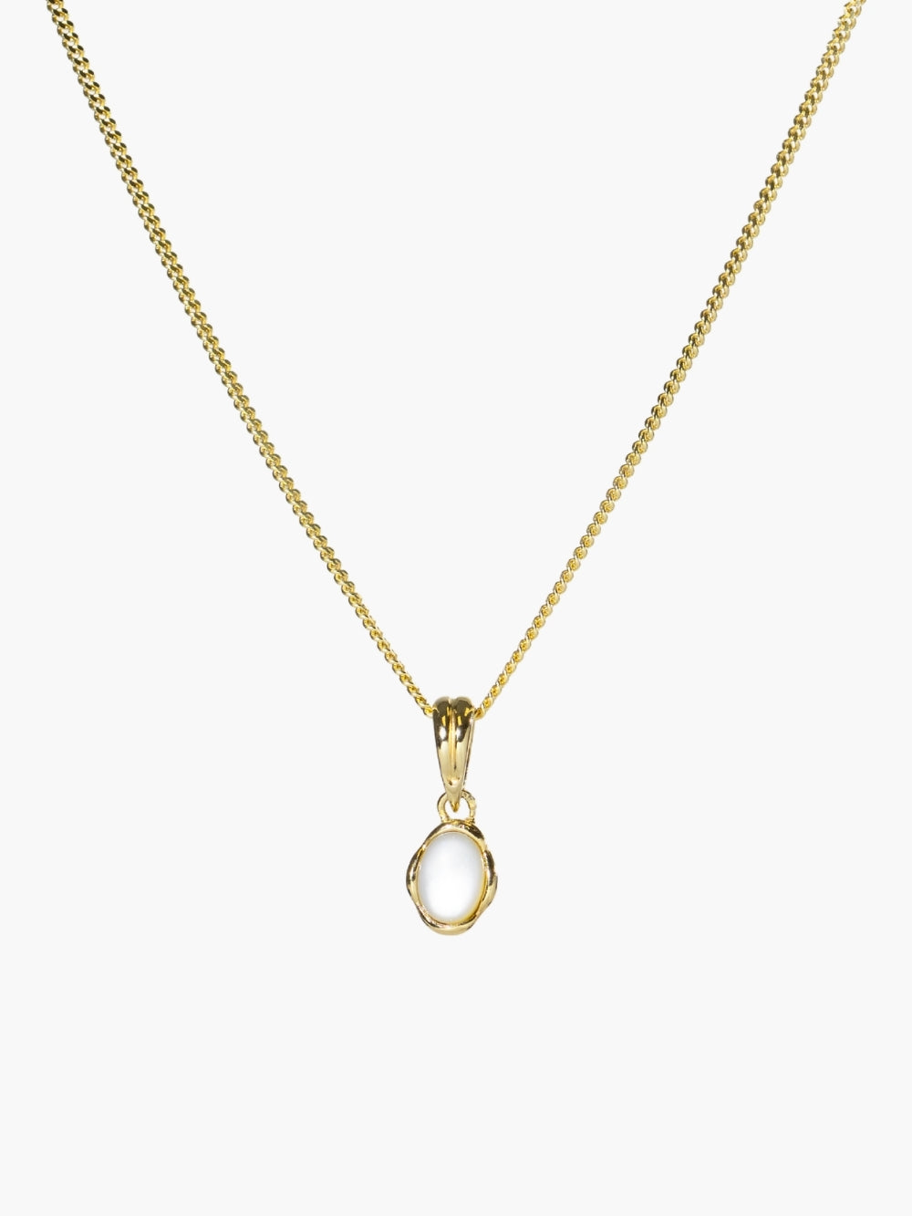 White Mother of Pearl Fully Known Prayer Pendant by Rizen Jewelry features an  oval cabochon Mother of Pearl stone  cradled in 18k gold plating over sterling silver. The pendant symbolizes Transformation, Sacred, Beauty, and the month of June. Shown on a modern curb chain. 