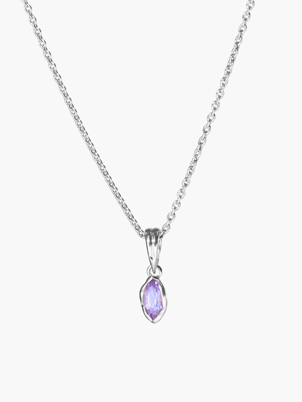 Light Amethyst Fully Known Prayer Pendant by Rizen Jewelry featuring a  luminous marquis cut light amethyst pendant, reflecting honor, peace, royalty, and the sweet heart of February, cradled gently in refined sterling silver. Featured on a silver cable chain necklace 