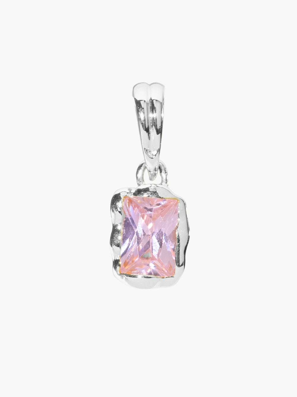 Light Pink Fully Known Prayer Pendant by Rizen Jewelry features a radiant emerald cut light pink cz pendant, reflecting love, joy,&nbsp; and the compassionate heart of October, cradled gently in sterling silver. 