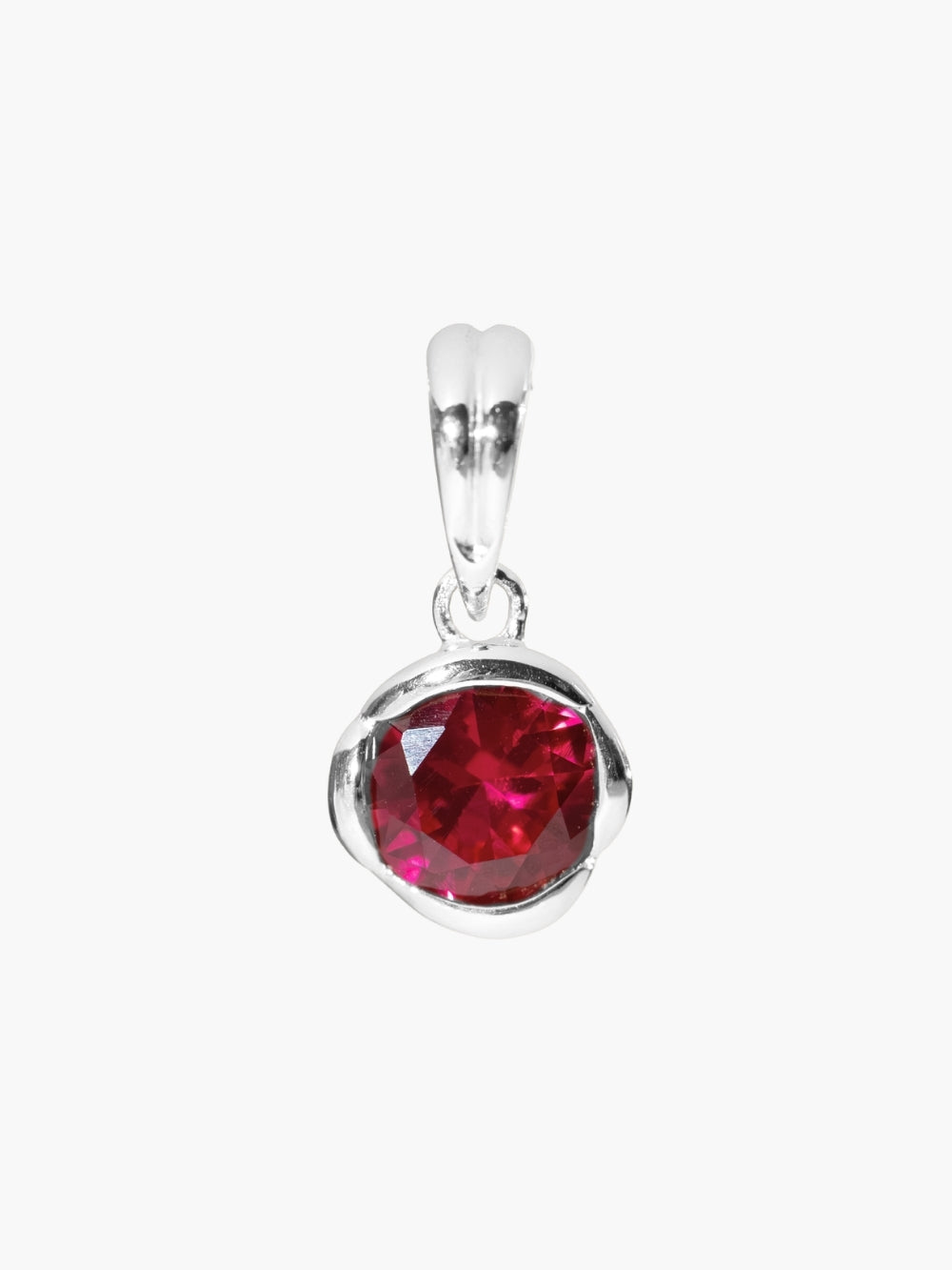 The Ruby Fully Known Prayer Pendant by Rizen Jewelry features a  round brilliant-cut light lab ruby stone cradled in a sterling silver setting. The pendant symbolizes passion, redemption, value, and the month of July.