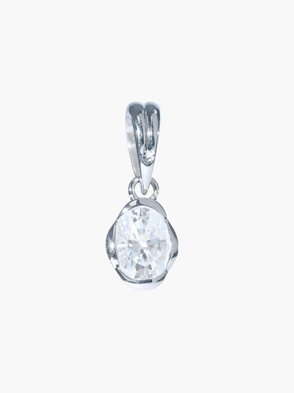 White Sapphire Fully Known Prayer Pendant by Rizen Jewelry features An oval brilliant cut white sapphire stone is cradled in 18k gold plating over sterling silver setting. The pendant symbolizes Purity, New Identity, Innocence, and the month of April.
