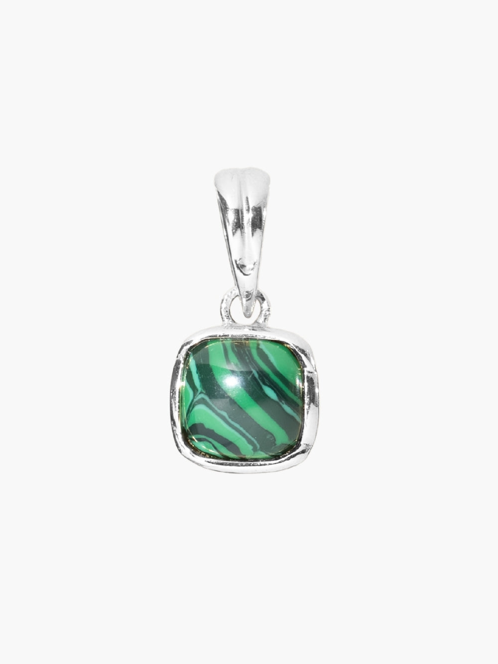 Malachite Fully Known Prayer Pendant by Rizen Jewelry features  a square cabochon cut malachite stone is cradled in sterling silver. The pendant symbolizes Creativity, Intentionality, Growth, and the month of May.