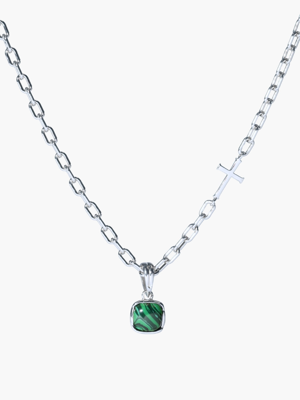 Malachite Fully Known Prayer Pendant featured on the mini Chain Breaker Necklace in Sterling Silver by Rizen Jewelry. 