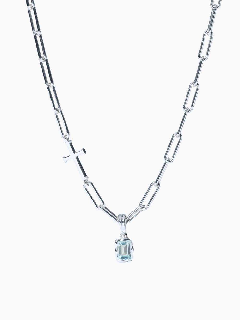 Sky Blue Topaz fully known prayer pendant featured on the sterling silver chain breaker cross necklace by Rizen Jewelry. 