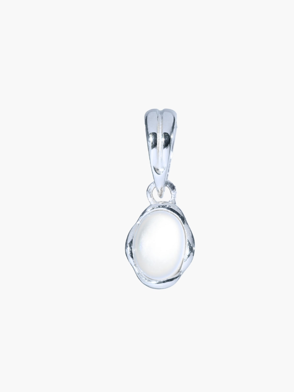 White Mother of Pearl Fully Known Prayer Pendant by Rizen Jewelry features an oval cabochon Mother of Pearl stone  cradled in sterling silver setting. The pendant symbolizes Transformation, Sacred, Beauty, and the month of June.