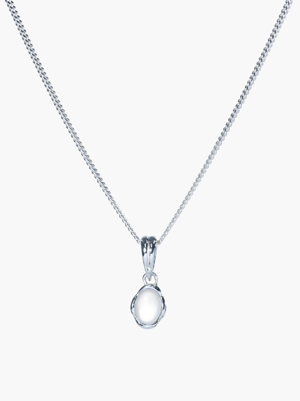 White Mother of Pearl Fully Known Prayer Pendant by Rizen Jewelry features an oval cabochon Mother of Pearl stone  cradled in sterling silver setting. The pendant symbolizes Transformation, Sacred, Beauty, and the month of June. Shown featured on a sleek curb chain. 