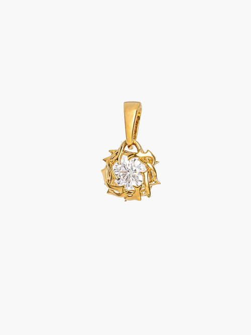 Rizen Jewelry Crown of Thorns pendant in 18-karat gold finish. The Crown of Thorns intricately nestles a round brilliant cut cubic zirconia in the center. 
