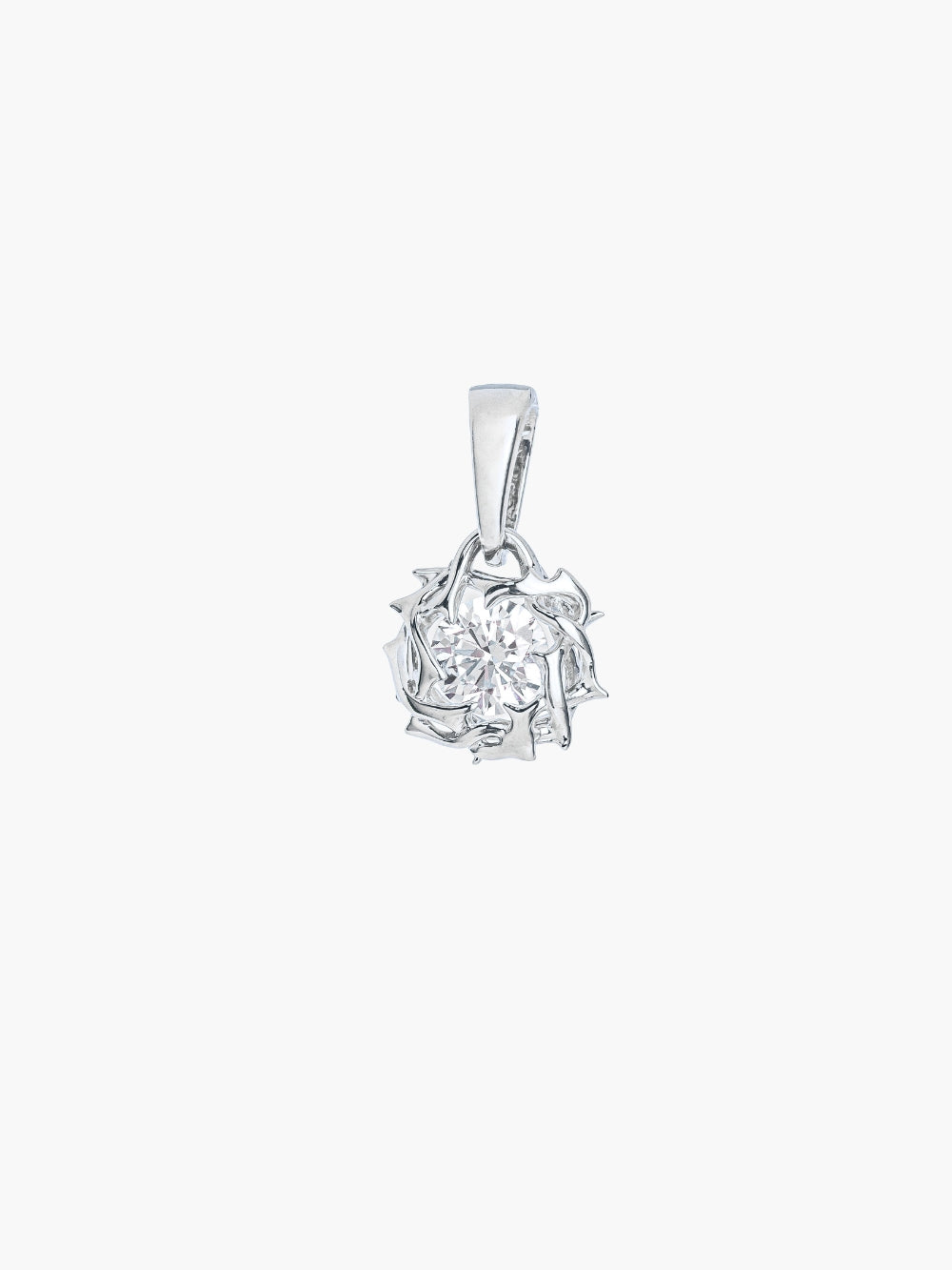 Rizen Jewelry Crown of Thorns Pendant in Sterling Silver. The Crown of Thorns intricately nestles a brilliant cut round cubic zirconia. 
