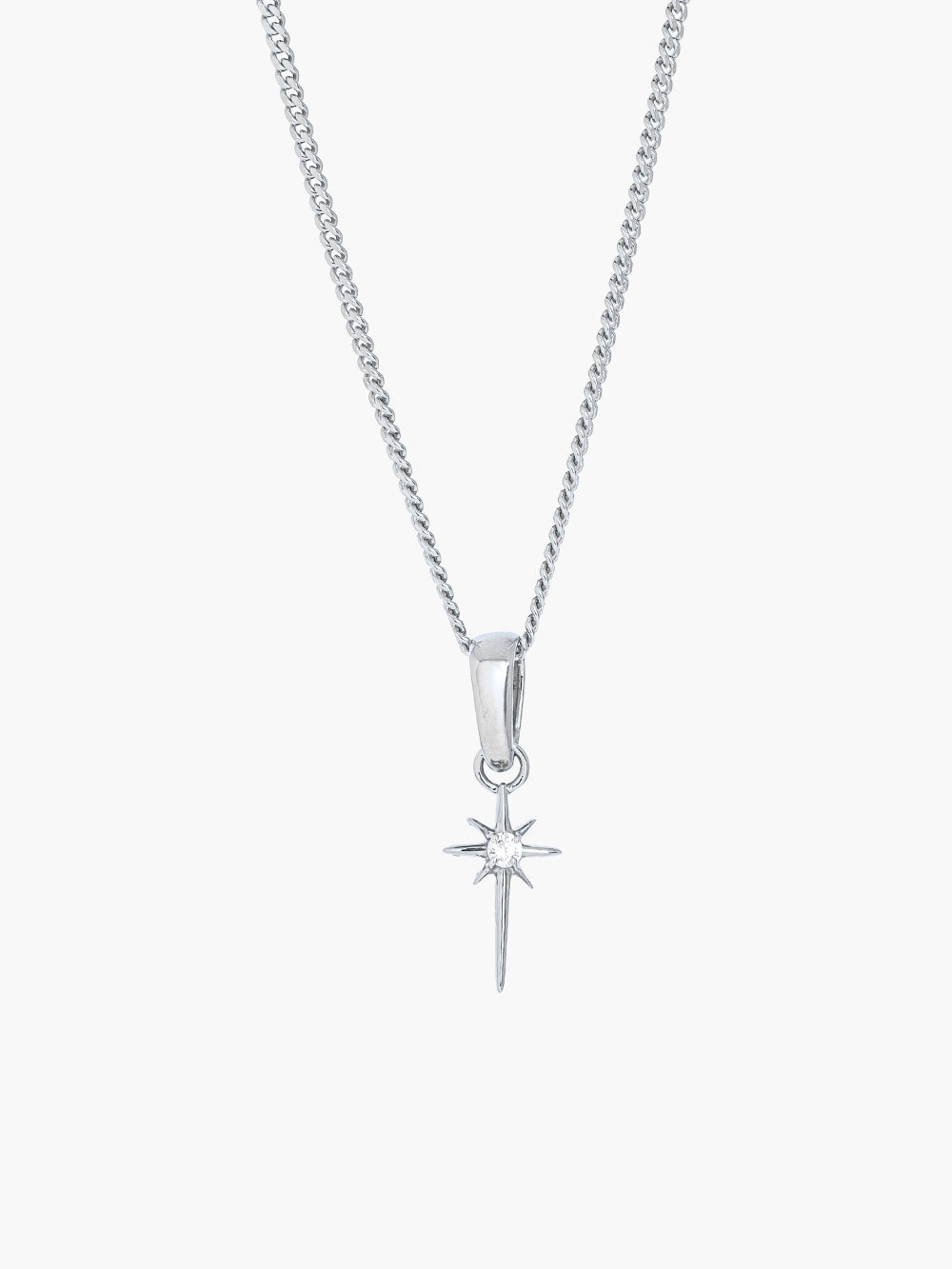 Adoring Star Pendant in sterling silver, a star cross-shaped pendant with cubic zirconia center, hanging on a curb chain necklace.