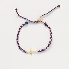 We Trust In God gold cross bracelet hand braided in red, white, blue cotton cord from Made4Ministry Collection by Rizen Jewelry 