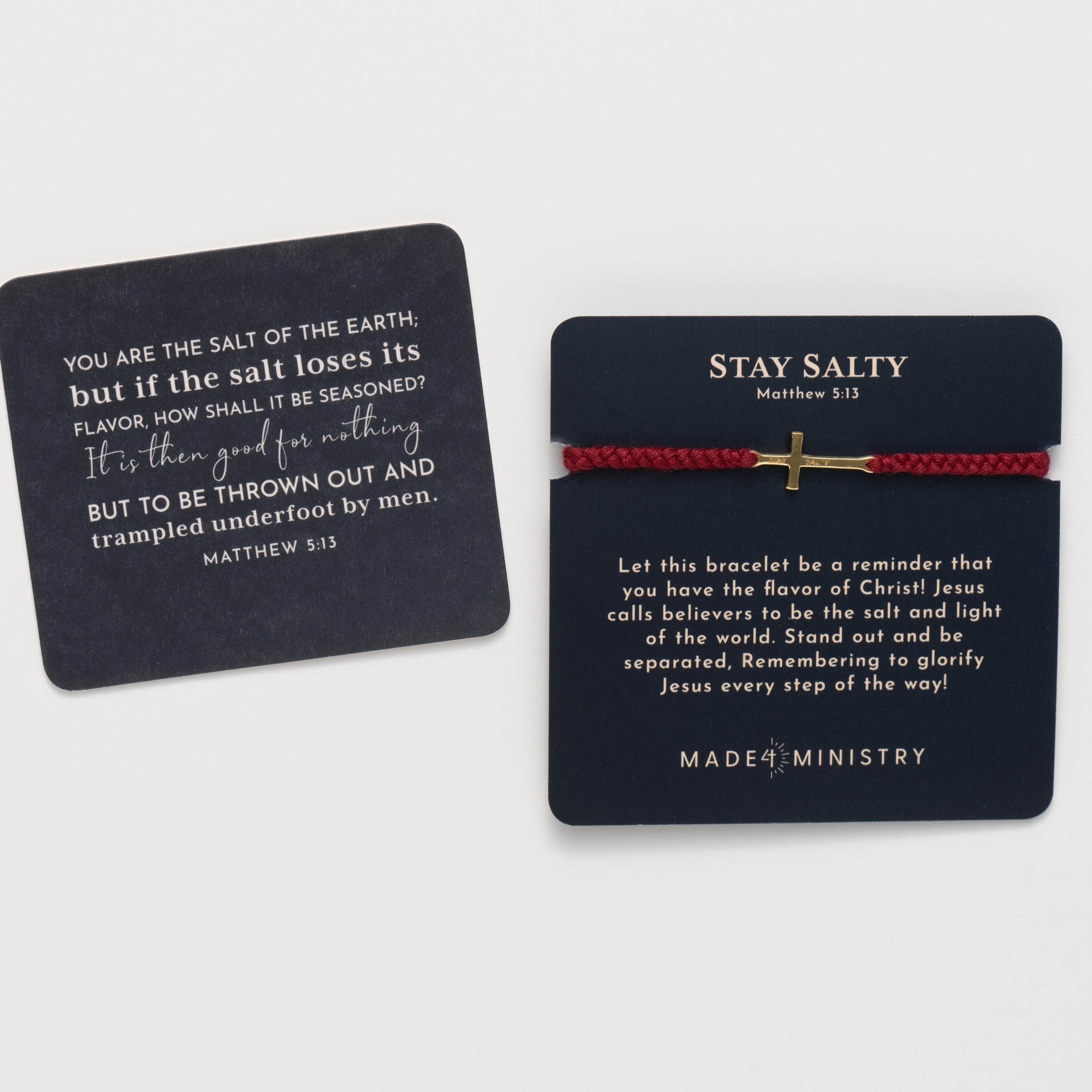Christian gold cross bracelet engraved "STAY SALTY" hand braided garnet red cotton cords by Rizen Jewelry Made 4 Ministries collection. Featured on a Devotion Card next to the mini scripture card. 