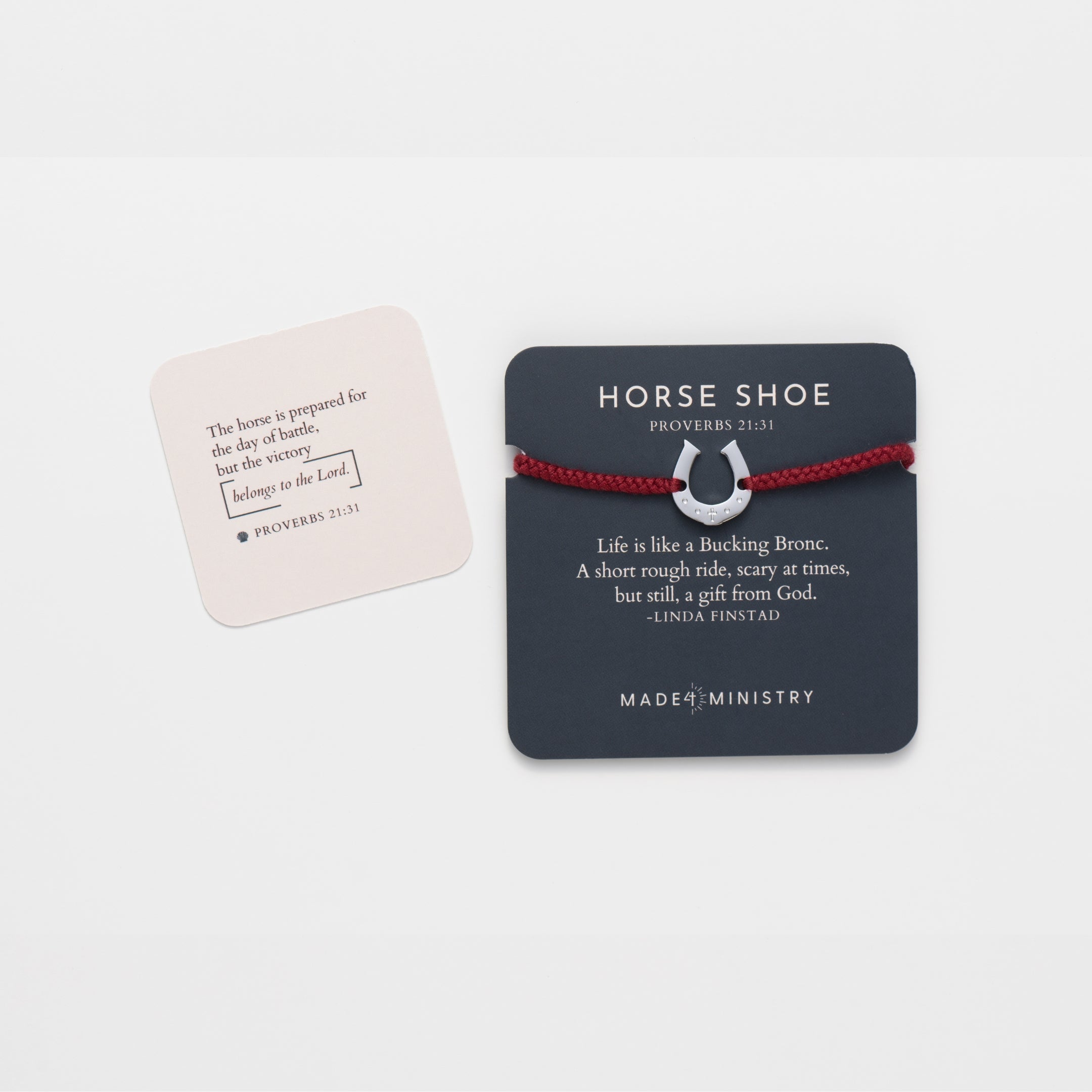 Horseshoe bracelet engraved with a cross set on a naturally dyed garnet red hand-braided, cotton cord friendship bracelet. Available in 18k Gold and Sterling Silver finish. Designed by Rizen Jewelry for the Made4Ministry Collection. Featured on a devotion card and the matching mini scripture card. 