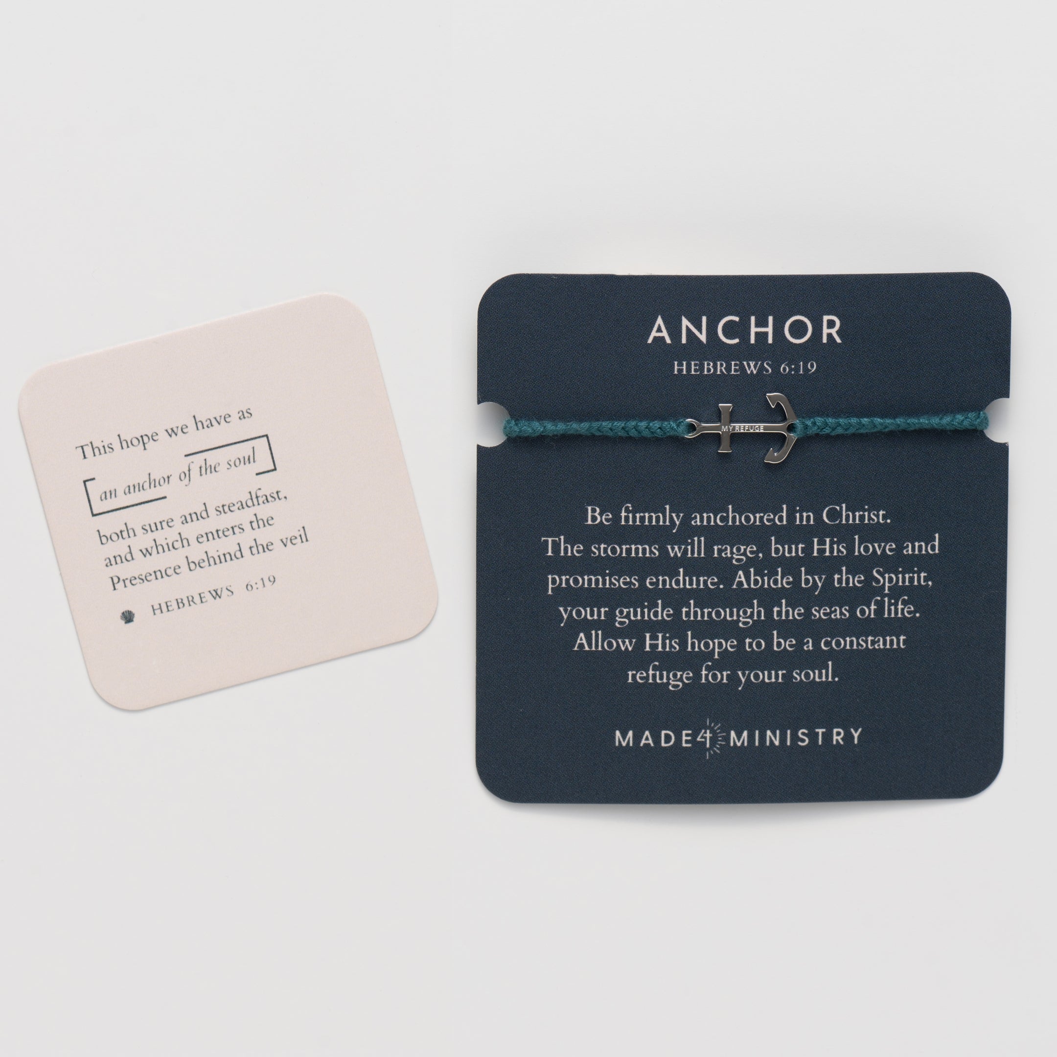 Classic nautical anchor bracelet, delicately engraved with the inscription “MY REFUGE,” hand-braided from naturally dyed azure blue cotton cord. Available in 18k gold or sterling silver finish from the Made4Ministry Collection by Rizen Jewelry.  Featured on the inspirational devotion card and scripture card.