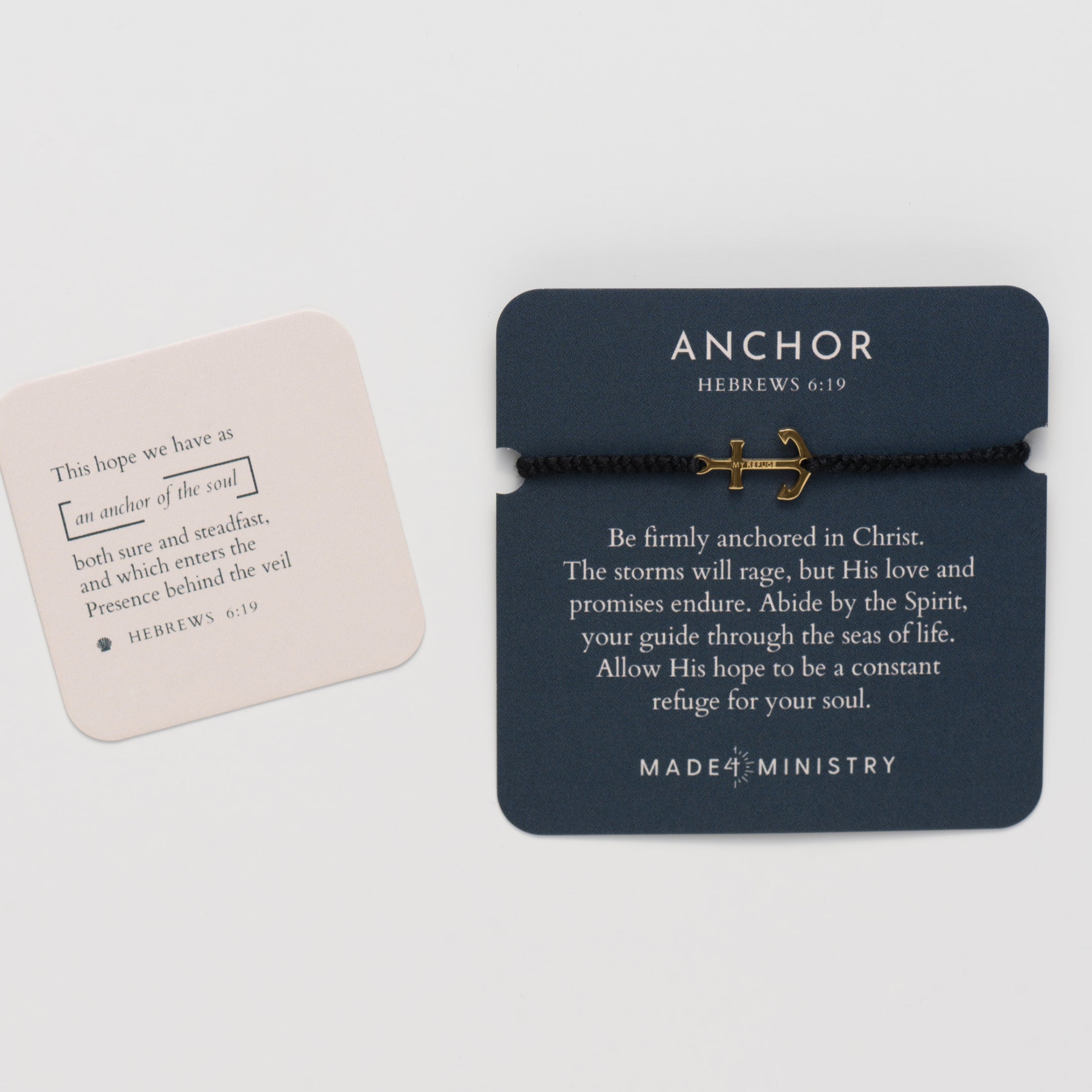 Classic nautical anchor bracelet, delicately engraved with the inscription “MY REFUGE,” hand-braided from naturally dyed black cotton cord. Available in 18k gold or sterling silver finish from the Made4Ministry Collection by Rizen Jewelry. Featured on inspirational devotion card with complementary scripture card. 