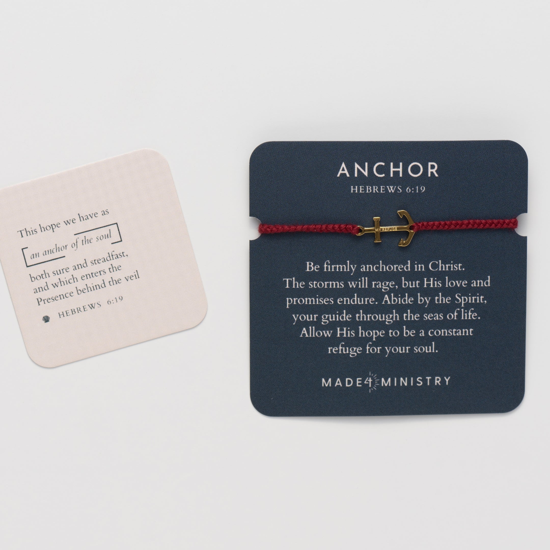 Inspirational devotion card with matching scripture card featured the classic nautical anchor bracelet, delicately engraved with the inscription “MY REFUGE,” hand-braided from naturally dyed garnet red cotton cord. Available in 18k gold or sterling silver finish from the Made4Ministry Collection by Rizen Jewelry. 