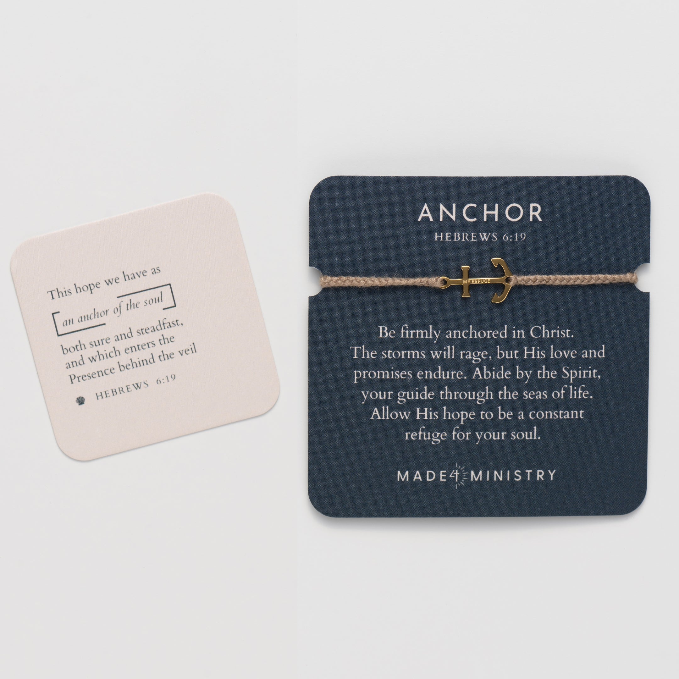 Gold anchor set on a khaki friendship bracelet with the engraving MY REFUGE from the Made4Ministry collection by Rizen Jewelry on an inspirational devotion card with the matching scripture card. 