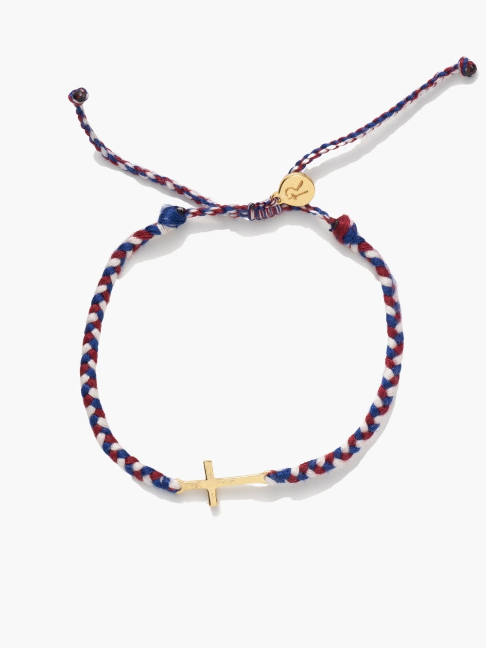 Cross friendship bracelet engraved "We Trust In God" with red, white, and blue braided cords from the Made4Ministry collection by Rizen Jewelry, licensed by Freedom 250. 
