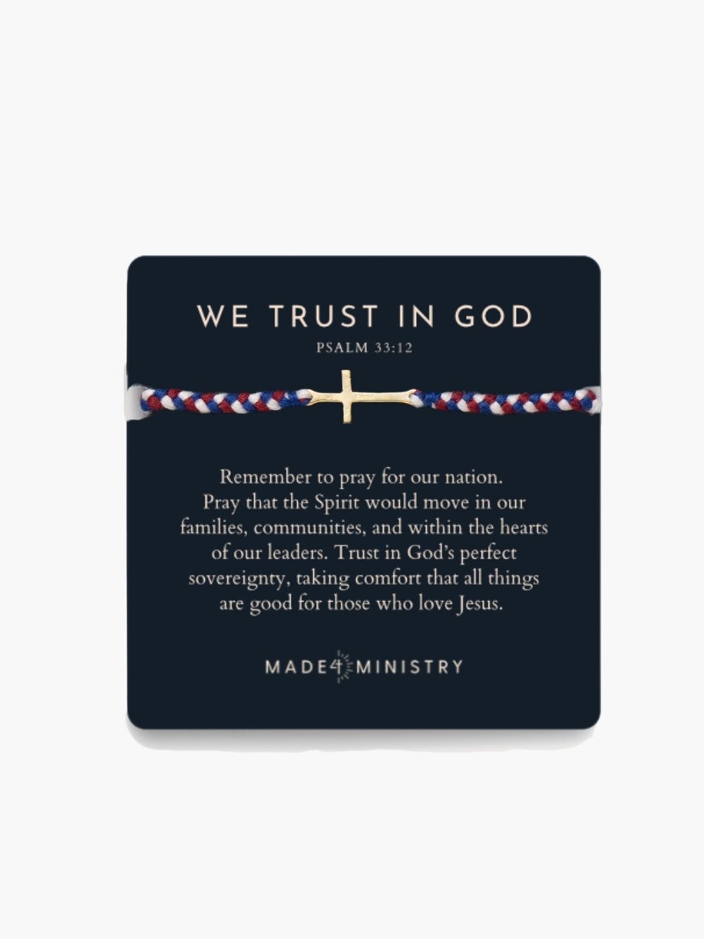 We Trust In God Cross Bracelet featured on devotion card from the Made for Men's Sheet Collection by Rizen Jewelry, licensed by Freedom 250. 