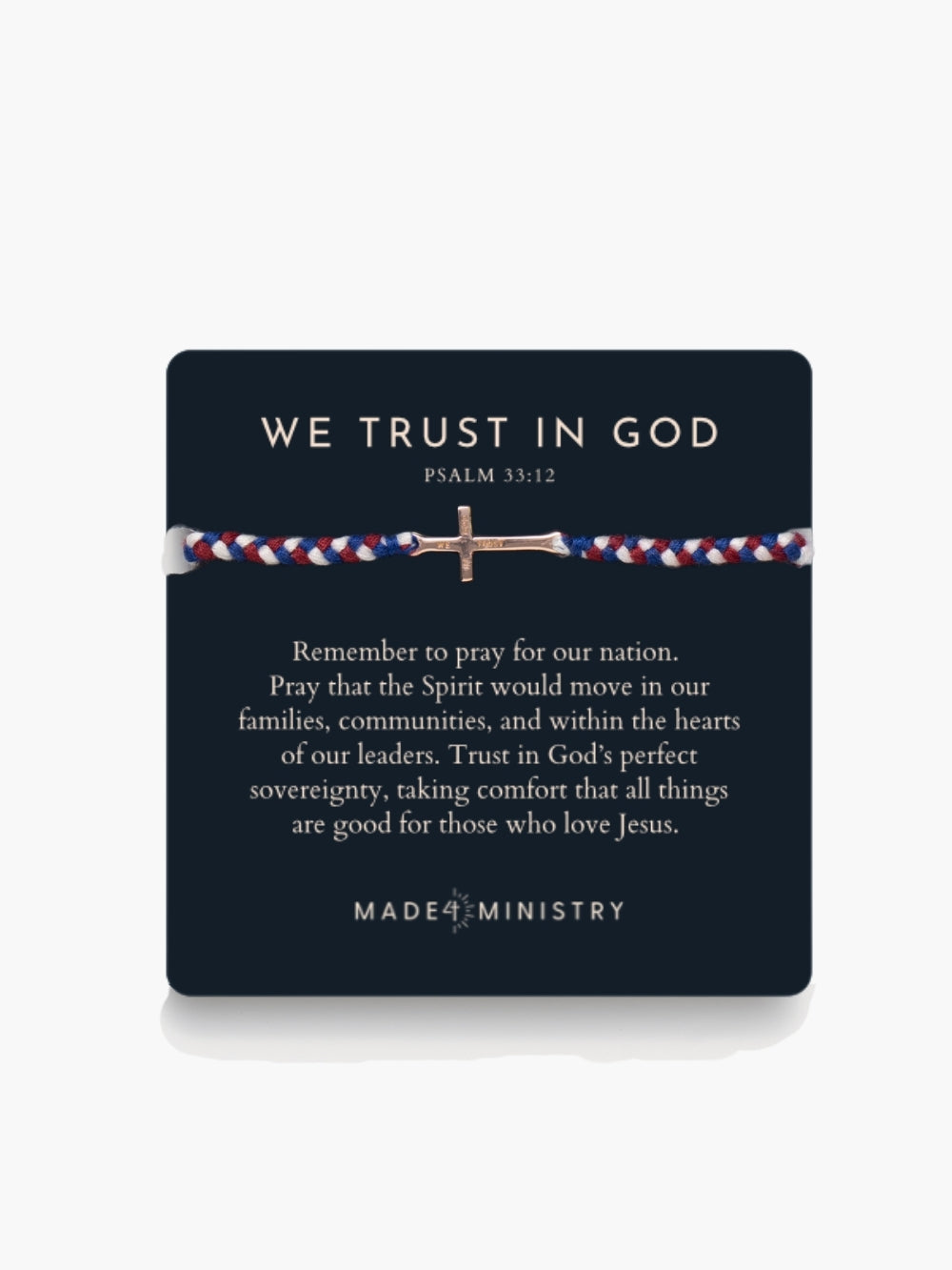 Rose gold We Trust In God bracelet on a devotion card from the Made For Michi collection by Rizen Jewelry 