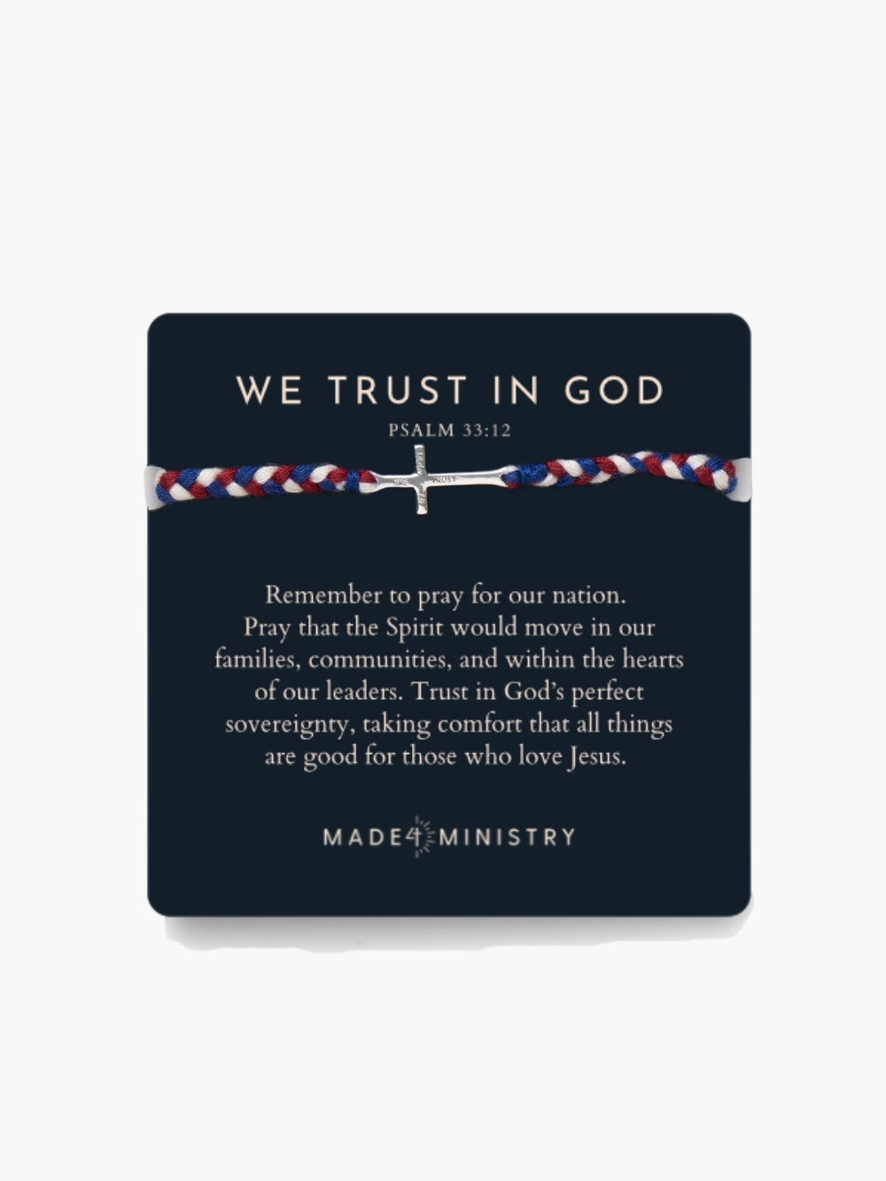 Silver cross bracelet braided with red, white, and blue cords from the Made for Ministry collection by Rizen Jewelry. 