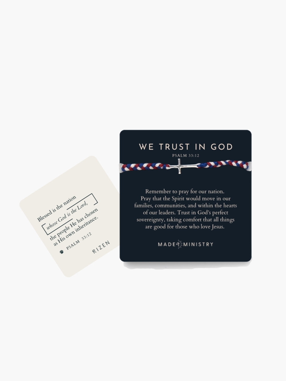 Cross bracelet featuring "We Trust in God" engraving, featured on the devotion card and scripture card from Made4Ministry by Rizen Jewelry, licensed by Freedom 250. 