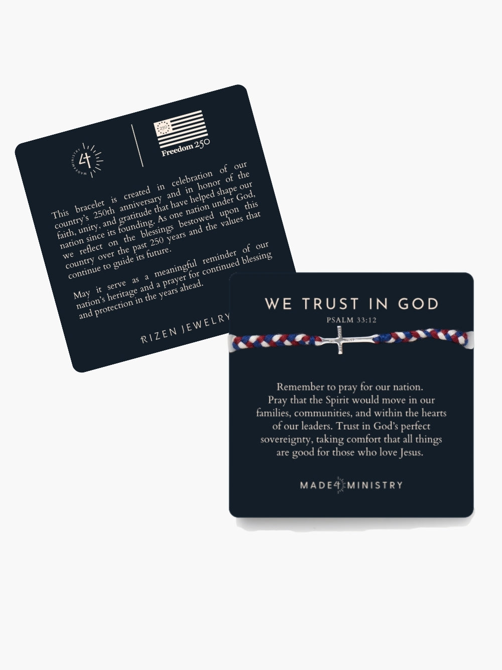We Trust In God Cross Braided Bracelet featured on devotion card, with back of devotion card shown revealing meaning of freedom 2:50 partnership. 