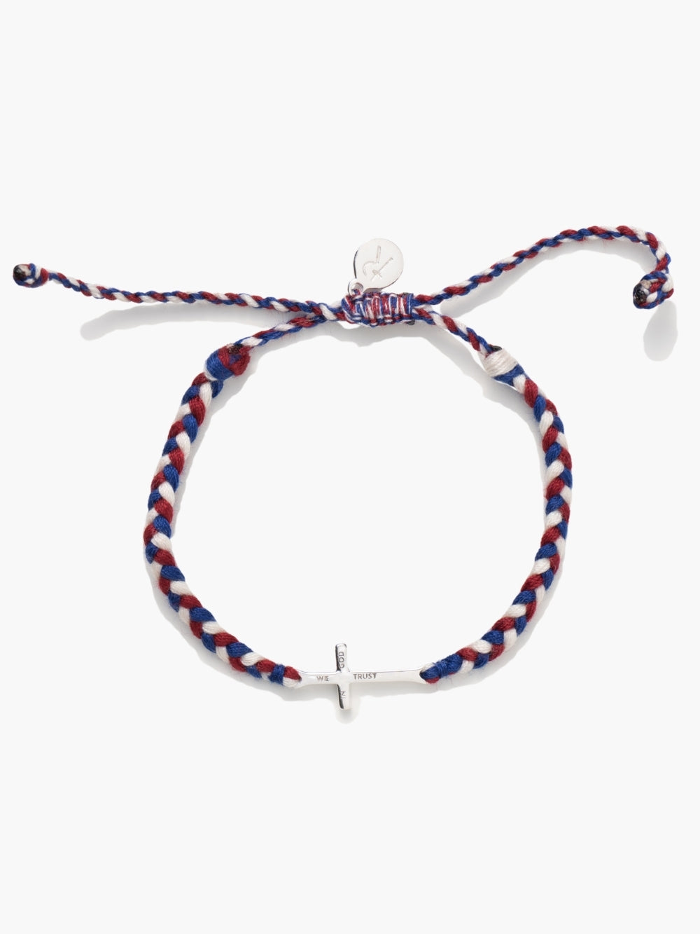 We Trust In God Cross Braided Bracelet in braided red, white, and blue cotton cords from the Made For Ministry collection by Rizen Jewelry, licensed by Freedom 250 