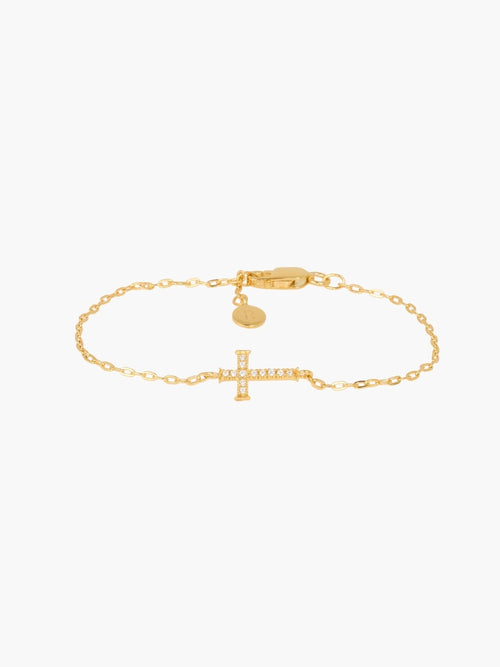 Delicate Cross Chain Breaker Bracelet in 18k gold-plated sterling silver with pavé cubic zirconia cross pendant on micro paper clip chain by Rizen Jewelry