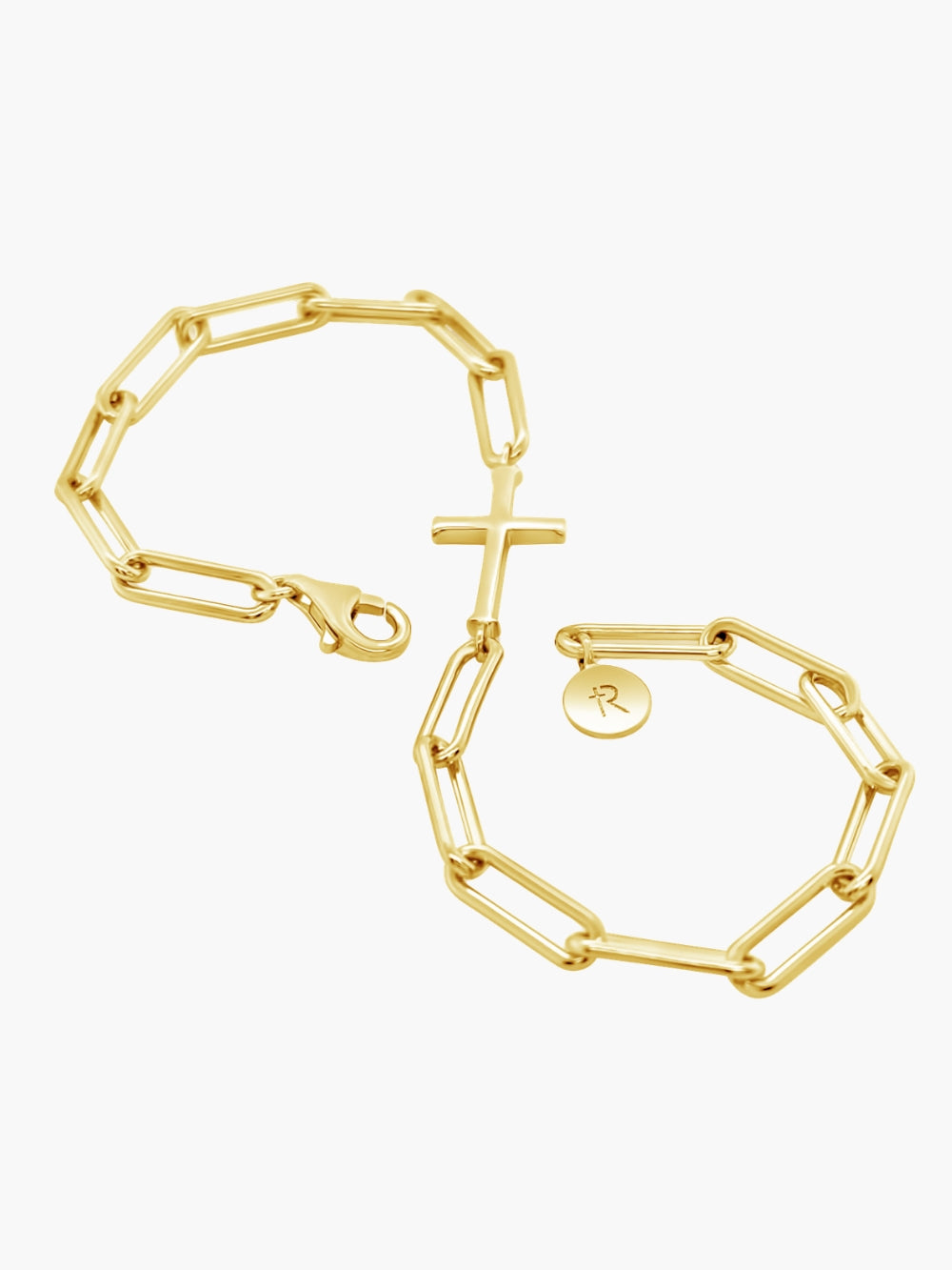 Chain breaker cross bracelet in 18k gold plated from the Calvary collection.  A timeless baptism gift by Rizen Jewelry.